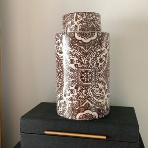 Pottery Barn Vintage Boho Mandala Floral Lidded Ceramic Jar Canister brown white